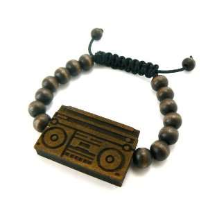  Brown 8mm Wooden Boombox Shamballa Beaded Bracelet 