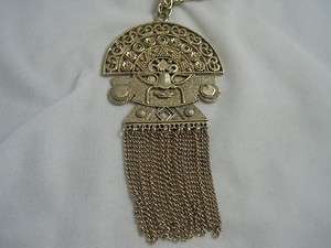 Fun & Funky Vintage Large Aztec Face Pendant Necklace w/ Dangle Chains 