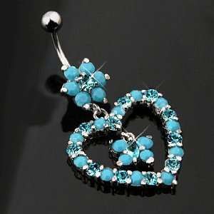 Turquoise Aqua lt blue Flower & heart dangle Belly Ring navel piercing 
