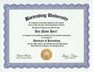 BARTENDING DIPLOMA BARTENDER DEGREE GREAT GAG GIFT  