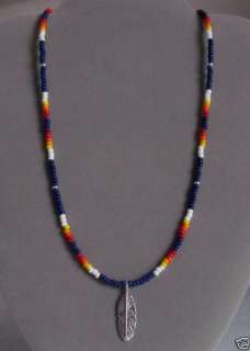 Navy Blue Feather Beaded Mens Necklace Native American  