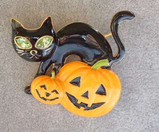 New Enamel & Crystal HALLOWEEN Black CAT kitten & Jack o Lantern 