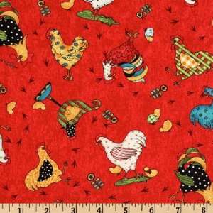  45 Wide Fanciful Roosters Red Fabric By The Yard: Arts 