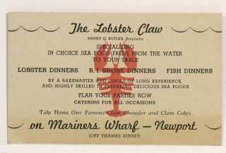 Newport RI c1940s Lobster Claw Restaurant Blotter  