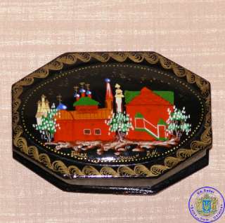   hand painted lacquer Jewelry Box OLD ARCHITECTURE Palekh signed  