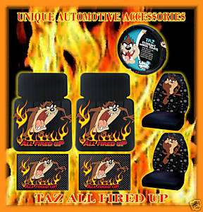 7PC TAZ ALL FIRED UP Floor Mats Seat Covers Steering  