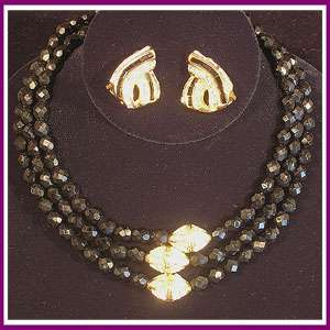 Vintage Signed Maresa Black Jet & Stone Necklace & Ears  