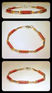 Black, Yellow and Orange Plaid Paper Bead Bracelet Silver Accents 6 3 