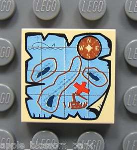 NEW Lego Pirate 2x2 Decorated TILE  Tan Blue w/Nauticle Map & Red X 