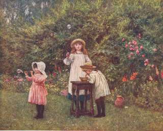 FAMILY Children blowing bubbles.Antique Print. HE 1903  