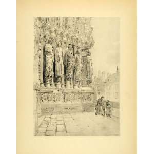  1905 Print Rheims Cathedral France Religious Statues 