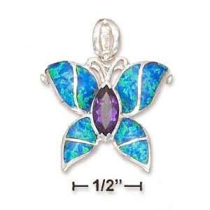  1 Inch Synt Blue Created Opal/Amethyst Butterfly Pendant 