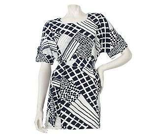 SUSAN GRAVER Liquid Knit Printed Tunic with Cuffed Roll Tab Sleeves 