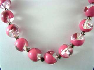 FUN FUNKY! RARE Vtg RETRO Opaque Pink & Clear Lucite Bead Necklace 
