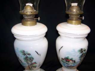 ENGLISH VASE LAMPS OPAQUE GLASS OIL LAMPS HAND PAINT  