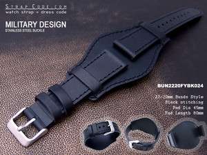 Bunds Style 22mm Black Calf Strap for Military Sport Watch  