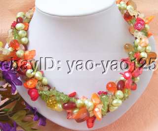 New Design! 4Strd Green Pearl&Peridot&Coral Necklace  