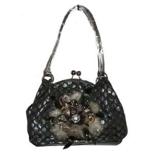   Metallic Jacquard Print Kiss Lock Shoulder Handbag Purse   Black