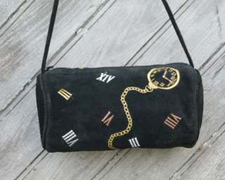 Vtg Black Suede Bag Purse Leather Sling Gold Clock 80s  