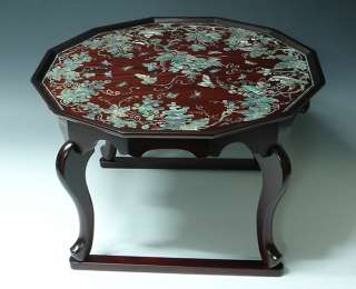 Mother of Pearl Inlay Grape Design Wood Round Tea Sofa Coffee Table 