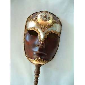   Masquerade Full Face Brown Deco Stick Carnival Mask: Home & Kitchen