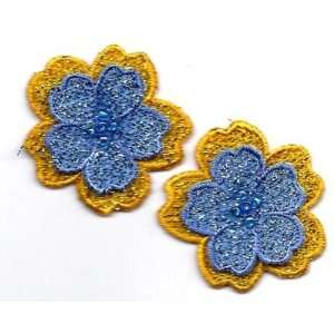  Flowers/Sparkly, Blue & Gold Layered Embroidered Iron On 