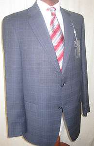 Hart Schaffner Marx Steel Blue Plaid Worsted Wool 2 Button Suit 42L 
