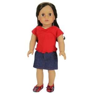  Doll Outfit, Denim Skirt with Red Stitching Detail and Red Cinched 