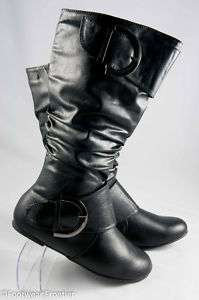Women Fashion Slouchy Buckles Faux Leather Flat Boots  