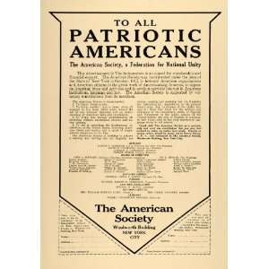  1916 Ad Patriotic Americanism WWI American Society NY 