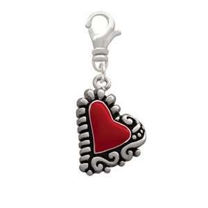  Red Enamel Leaning Heart with Fancy Border Clip On Charm 