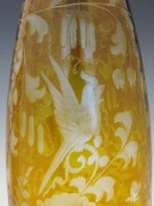 PR C1890 BOHEMIAN CLEAR CUT GOLD & ACID ETCHED GLASS DECANTERS W BIRDS 