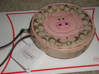 Coach Signature Khaki Brown Pink Pig/Piglet Round Coin Purse Wristlet 