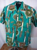 Vtg 50s. Alfred Shaheen.Cotton Hawaiian Shirt.Mens M.Sword Coin 