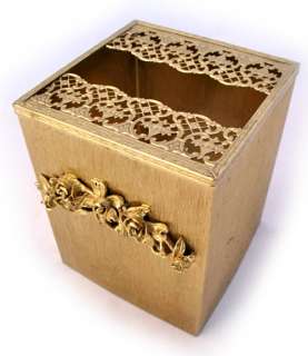   GOLD Tone BATH TISSUE Decorative BOX Container Embossed Floral/Flowers