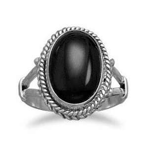OVAL BLACK ONYX ROPE EDGE RING CRAFTED IN SOLID .925 STERLING SILVER 