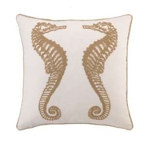   Crewel Embroidery Stitch Linen Pillow, Seahorse, Taupe, 18 by 18 Inch