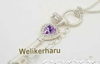 Silver Violet Crystal Love Key Crown Necklace Jewelry  