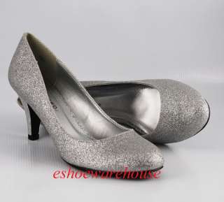 Round Toe Cutie Comfy Mid Heel Pumps Shoes Silver Glitter  