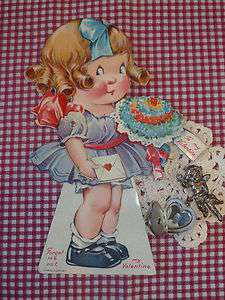   GERMAN Mechanical Valentine Rosey Cheeked GIRL BOUQUET FORGET ME NOT