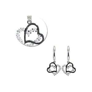 14k White Gold, Dangling Whimsical Double Heart Earring with Brilliant 