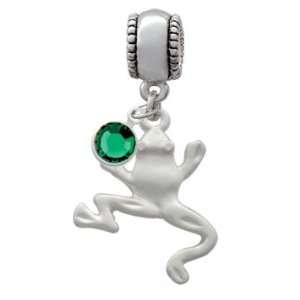 Large Matte Silver Tree Frog European Charm Bead Hanger with Emerald 