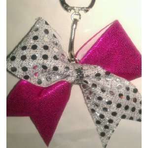 Pink Metallic & Silver Sequin Cheer Bow Keychain with Silver Glitter 