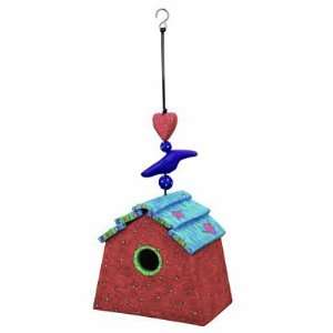  Bird House Red with Blue Roof Garden Art