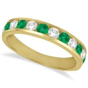  Channel Set Emerald and Diamond Ring Band 14k Yellow Gold 