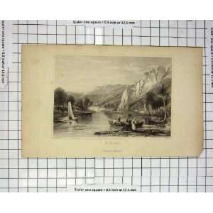  Antique Print View Dinant River Boats Mountains Salmon 
