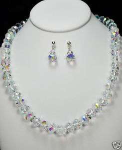 Crystal Glass White Faceted 12x8mm Necklace Earring Set  