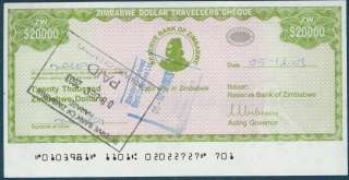 20 THOUSAND ZIMBABWE DOLLARS TRAVELLERS CHEQUE 2003  