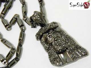 Small Iced Out Jesus Head Crystal Pendant Hematite Tone Link Chain 28 