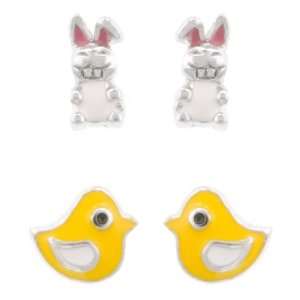  Sterling Silver Enamel Bunny Stud and Enamel Yellow Chick 